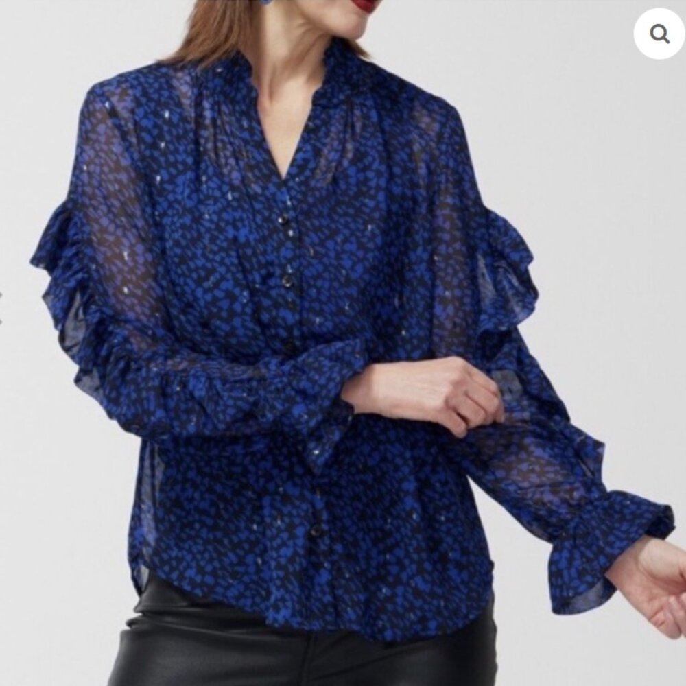 Chico's size 16 Black Blue Abstract Print Ruffle Sheer Swiss Dot Button Down - Picture 1 of 12